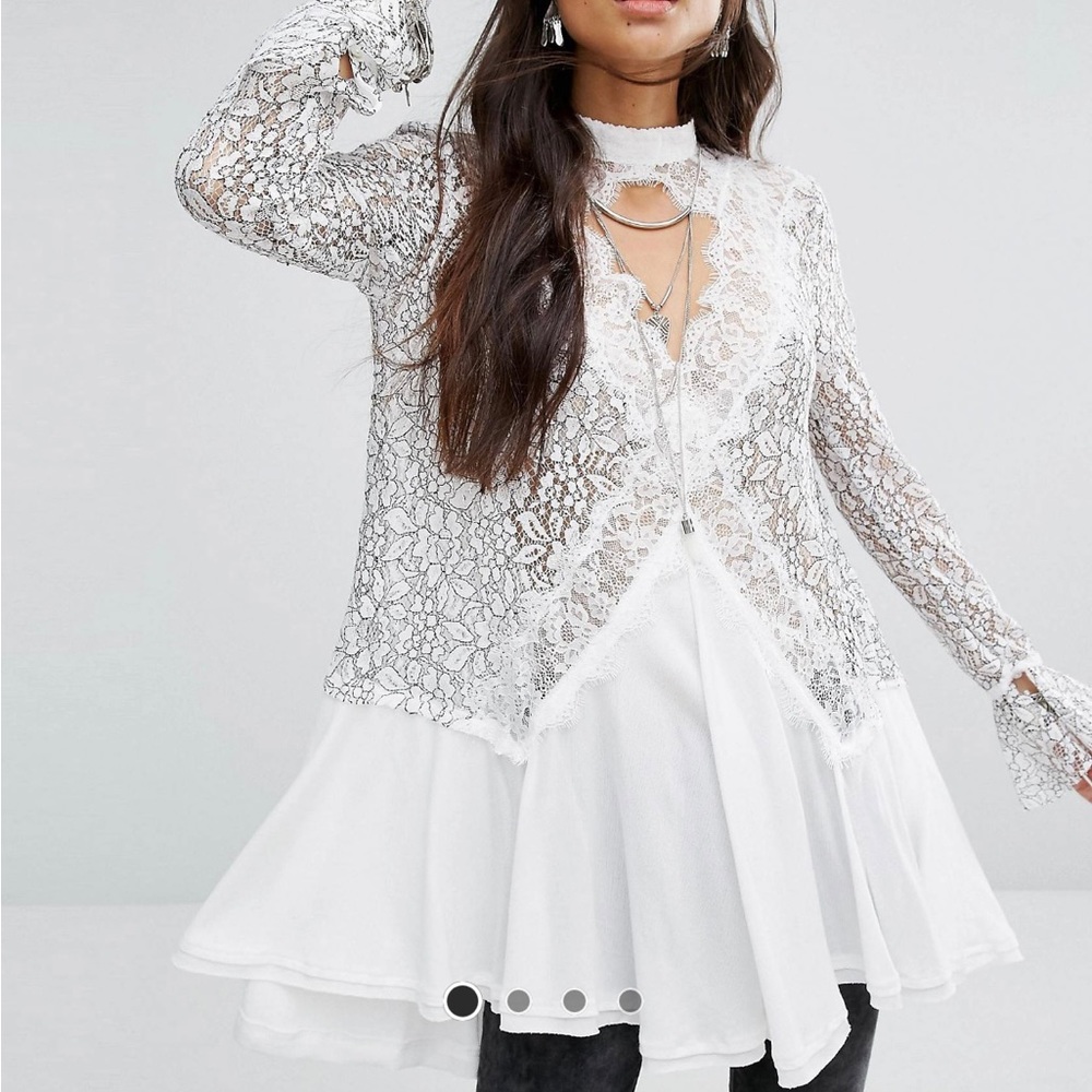 Free People Secret Origins Pieced Lace Choker Neck Tunic Top Dress Ivory